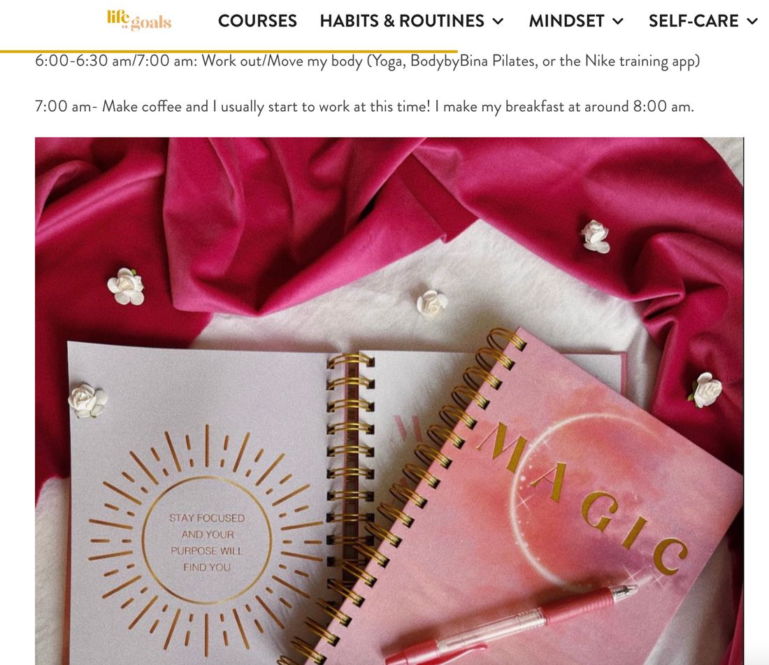  The Magic Mornings Journal by actress Natalee Linez. Natalee Linez is interviewed by Life Goals magazine for the magic journal. Natalee talks about her morning routine and schedule with her magic journal. Photo of a pink gratitude journal